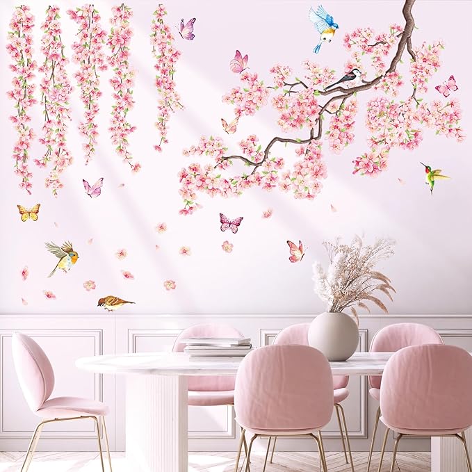 DECOWALL SG3-2320 Cherry Blossom Flower Wall Stickers Decals Branches Birds Butterflies Art Bedroom Floral Flower Girls Home Kids Living Nursery Pink Room Tree Nursery décor Baby