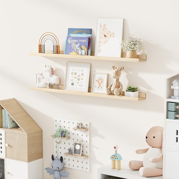 Fun Memories Picture Ledge Shelf, Pine Wood Floating Shelves Set of 2, 48 inch Nursery Book Shelves, Photo Ledge Book Shelves Wall Mounted for Living Room Kids' Room Bedroom - Natural