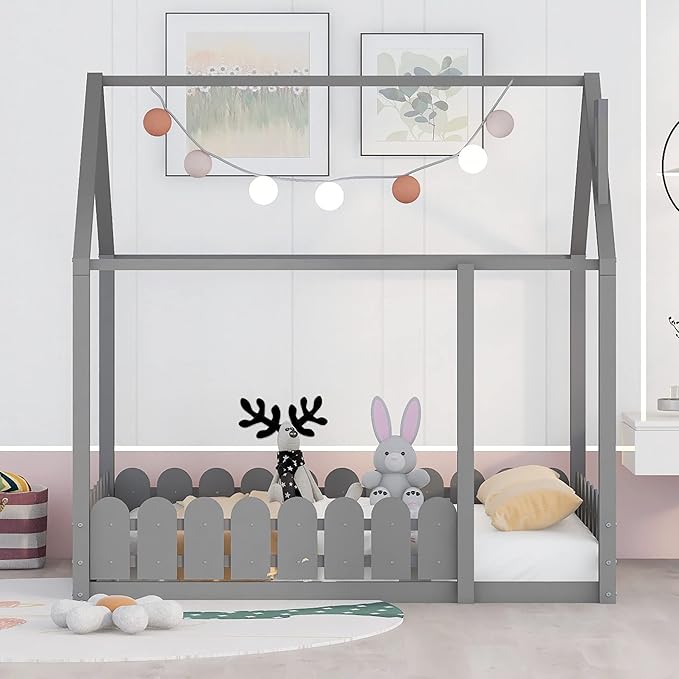 Bellemave Twin Size Kids Floor Bed Frame with Fences, Wooden House Bed with Roof Can be Decorated for Kids Girls Boys (Grey)