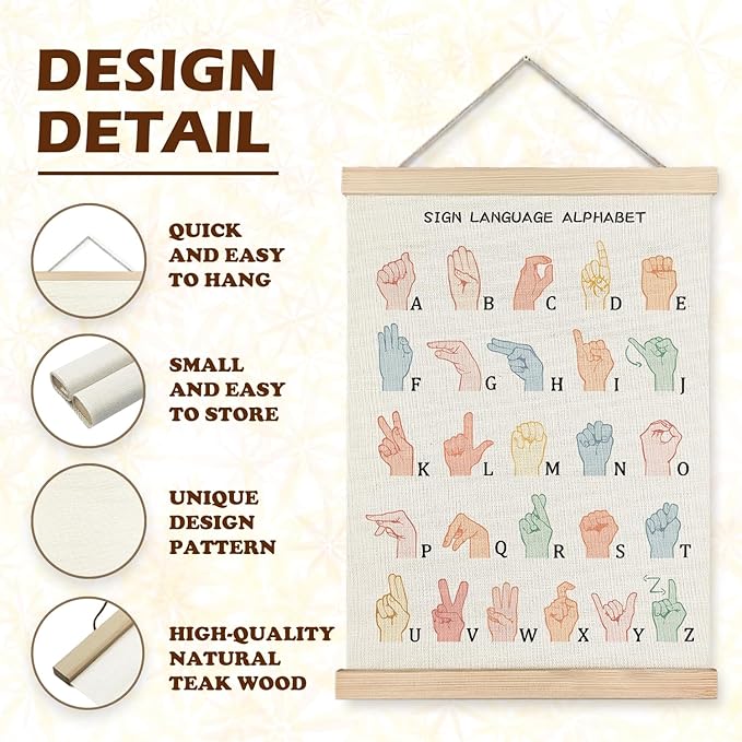 LUVADIAN Asl Alphabet Poster Hanger Frame,Sign Language Poster,Alphabet Posters for Classroom Wall,Sign Language Book for Kids,Toddler Learning Posters for Nursery Kids Room,12x16 Inches