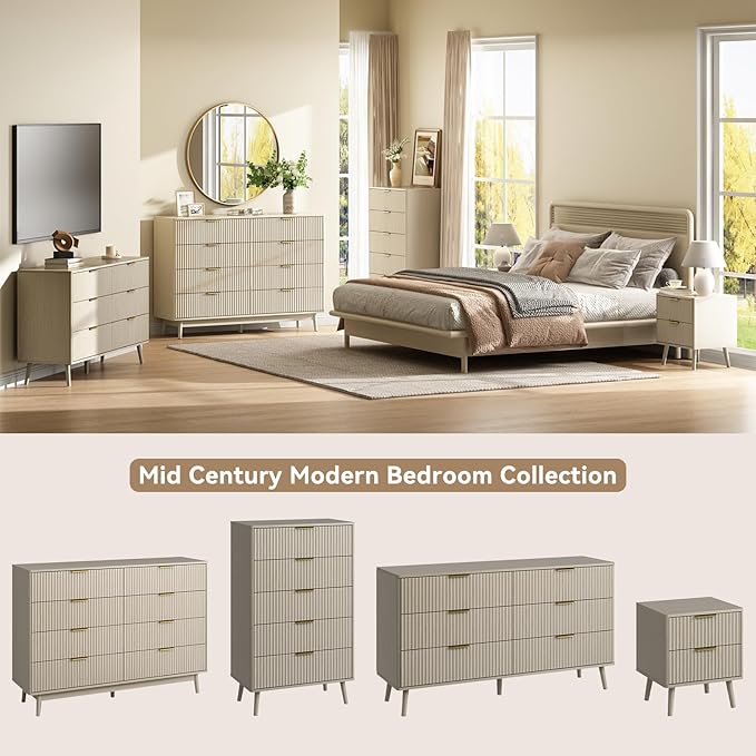 CARPETNAL Fluted 6 Drawer Dresser for Bedroom, 55" Wide Wooden Chest of Drawers with Rounded Corners, Gold Handles, Modern Storage Organizer for Bedroom, Hallway(Beige)