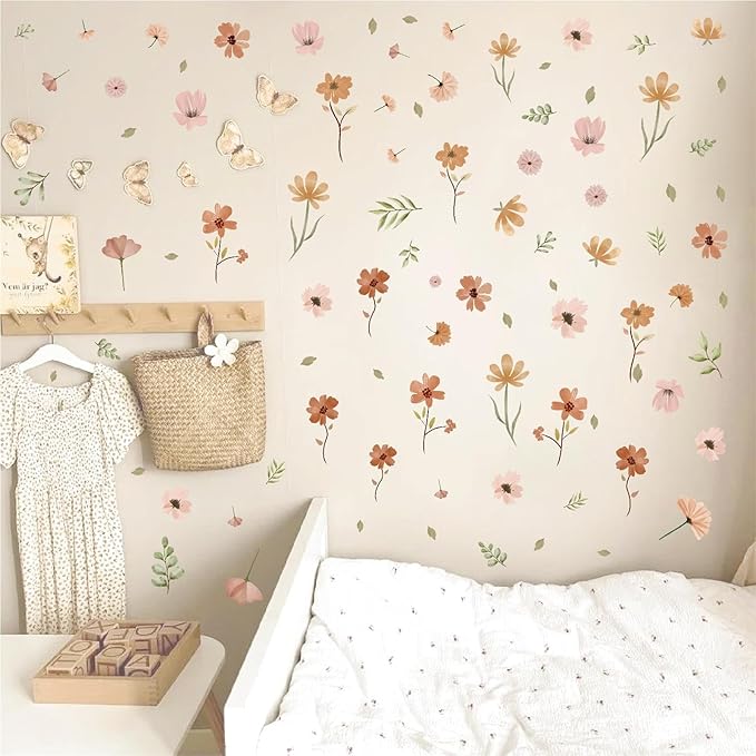 Small Flower Wall Stickers Boho Floral Wall Decals Watercolor Wildflower Decals Cute Flowers Stickers Removable Retro Floral Decal for Nursery Girls Bedroom Decor