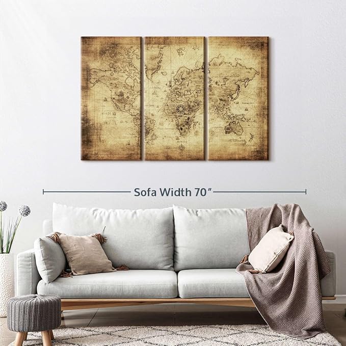 ElephantStock Ancient World Map Wall Art Multi Piece Canvas - 3 Piece Canvas World Map Wall Decor - Wall Decor - Ready-to-Hang Print - Vintage Wall Art - 50" X 32"