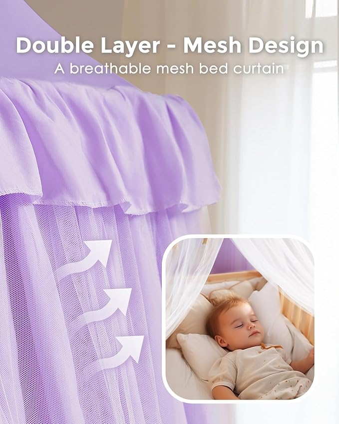 Bed Canopy with Star Lights, Double Layer Canopy for Bed, Princess Play Tent for Girls Room, Breathable Canopy Bed Curtain for Children Reading Nook, Machine Washable Canopy, 25.6''x106'', Purple