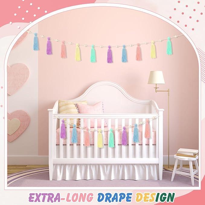 2 Pcs Tassel Garland with Wood Beads, Handmade Cotton Yarn Wall Hanging Banner Boho Tassel Wall Hanging Party Decor for Nursery, Birthday Baby Shower Home Classroom Decoration(Macarons)