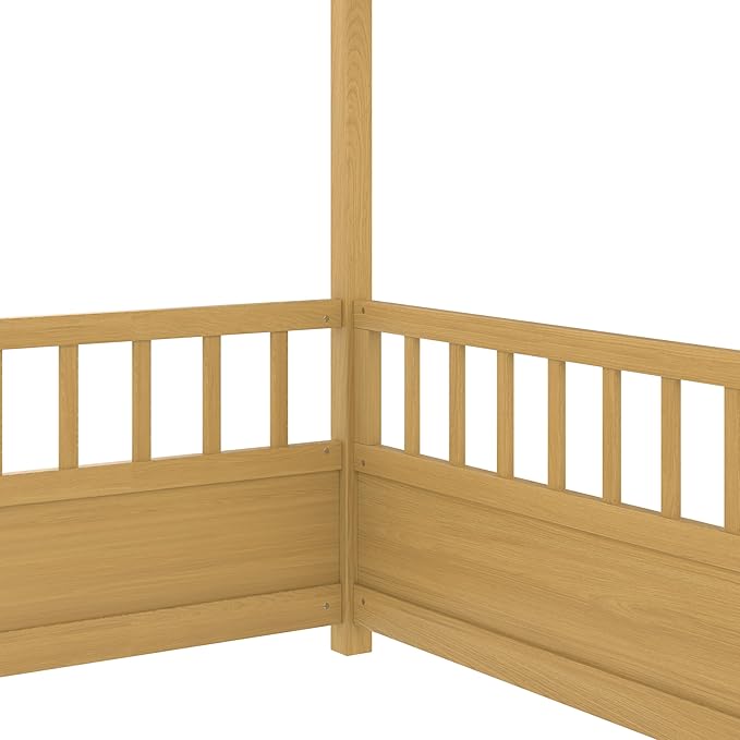Ball & Cast Full Size House Bed Frame,Montessori Floor Bed with Safety Fence and Roof for Kids,Wood Platform Bedframe W/Open Door for Girls Boys,Bedroom,Playroom,Easy Assembly,Natural