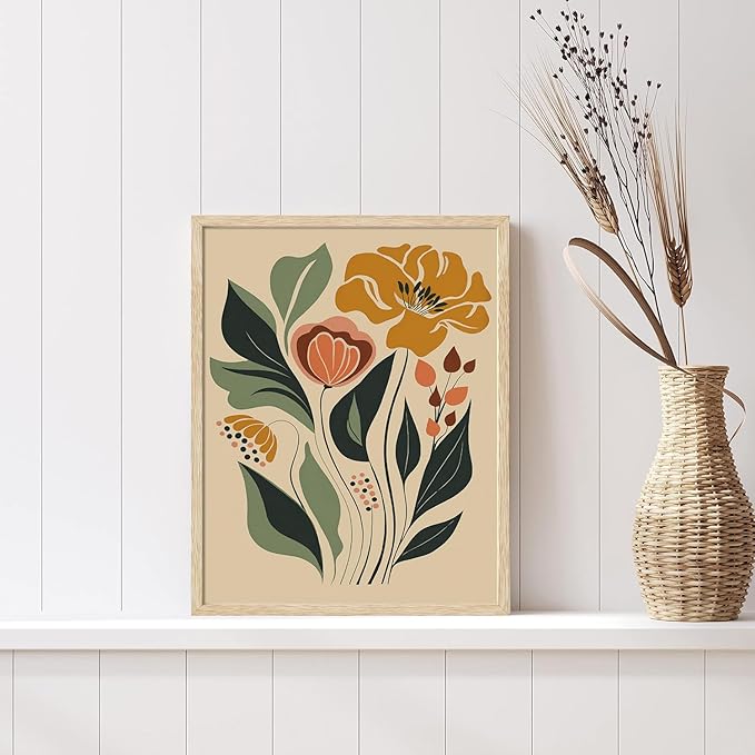 CHMMART Boho Floral Framed Wall Art Flower Canvas Art Prints Set of 3 Mid Century Modern Pictures Wall Decor Botanical Painting Artwork for Living Room Bedroom Office 12x16in