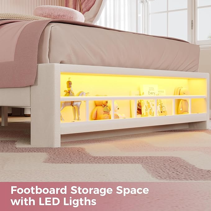 BTHFST Twin Szie Girls Bed with LED Lights & Charging Station, Princess Twin Size Bed Frame with Hidden Storage Headborad, Sturdy Platform Bed, No Box Spring Needed/Noise-Free/Easy Assembly, Beige