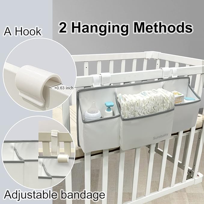 Hanging Baby Diaper Caddy, 3-in-1 Diaper Caddy Organizer Holder For Baby Crib, Nursery Organization Diaper Stacker Storage For Crib, Changing Table, Car, Wall-White