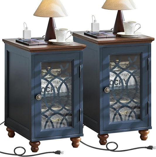 Narrow Side Table with Charging Station Set of 2, Night Stand with Glass Door,Bedside End Tables with Adjustable Shelf Storage Cabinet,Wood Nightstand for Small Spaces Living Room Bedroom