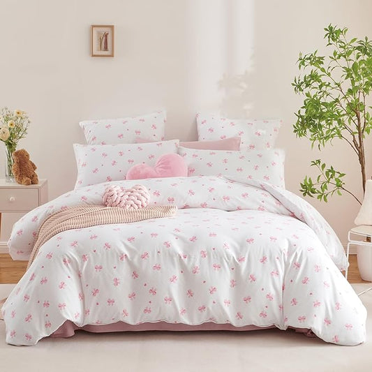Nayoroom Pink Bow Comforter Set Queen Size Heart Bowknot Printed Coquette Bedding Set 3 Pcs Kids Girls Cute Comforter for All Seasons (1 Comforter, 2 Pillow Shams)