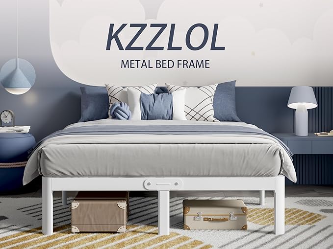 White King Size Bed Frame 16 Inch, Metal Camas King Bed Frame No Box Spring Needed, Heavy Duty Steel Support 3500 LBS, DIY Headboard, Noiseless, Round Corner Legs, Storage Space, Easy Assembly