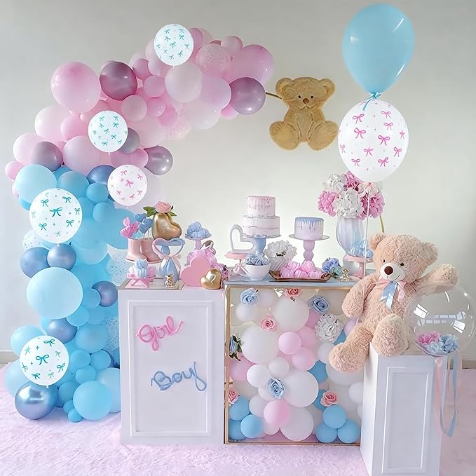 Pink and Blue Balloons, 60PCS 12 Inch Pastel Baby Pink and Blue Gender Reveal Balloons Bow Print Balloon for Boy or Girl Gender Reveal Decorations Bear Bow Baby Shower Party Decoration