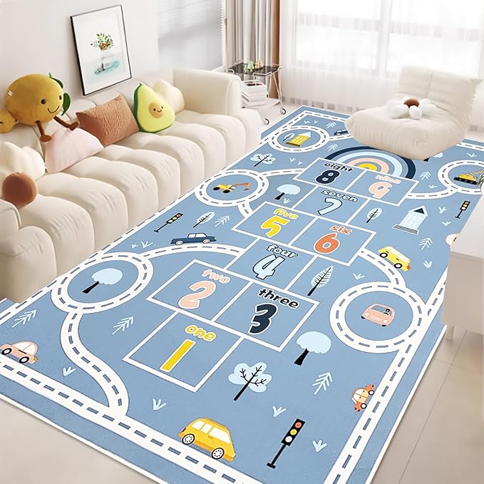 Hopscotch Car Rug 10Ft Extra Large Blue Kids Play Mat Rainbow Classroom Carpet for Children Boys Girls Bedroom Educational Learning Area Rug, Preschool Car Road, 6.6x9.8Ft