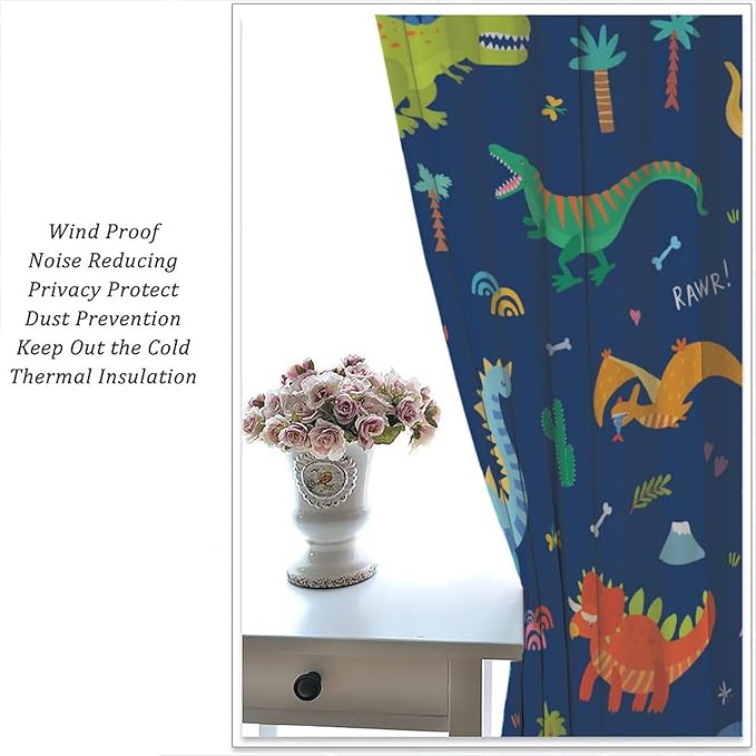 Funny Dinosaur Blackout Curtains Colorful Cartoon Animals Dino Tropical Plant Art Print for Kids Boys Bedroom Living Room Rod Pocket Decoration Window Drapes 2 Panels W21xL63in