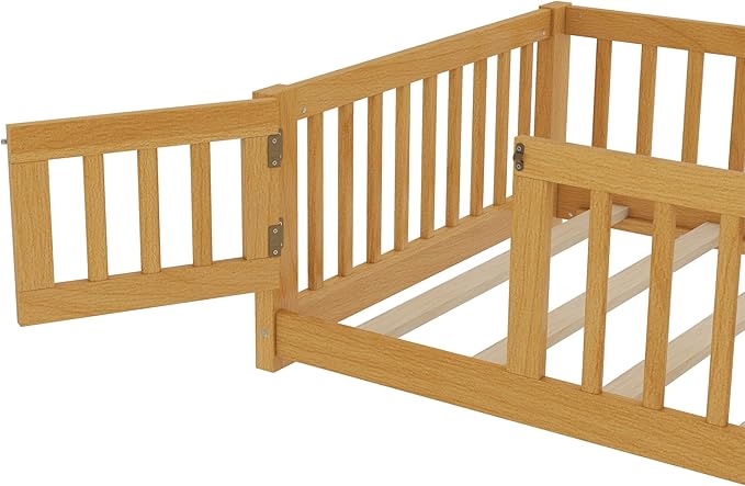 Harper & Bright Designs Twin Floor Bed Frame with Safety High Fence, Wood Montessori Bed with Door, Twin Size Floor Beds with Solid Wood Support Slats for Boys, Girls, Kids, Natural