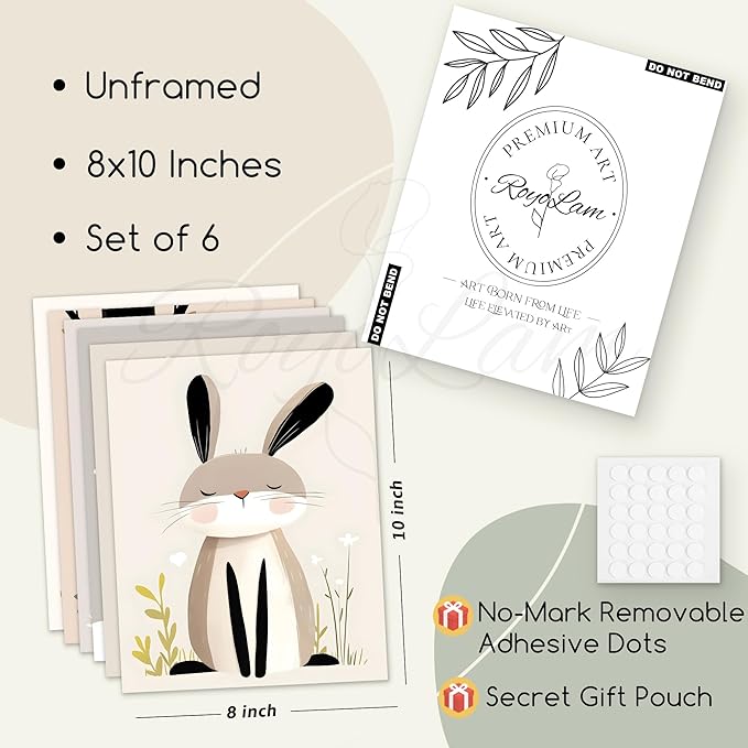 RoyoLam Cartoon Animal Canvas Wall Art Prints - Set of 6 Unframed 8x10 Inches, Scandinavian Style Illustrations Nursery Decor for Kids Room and Playroom