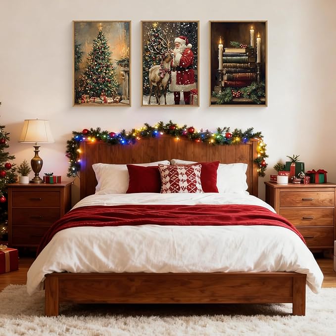 FWIEXA Christmas Santa Claus Reindeer Canvas Wall Art Set 3, Vintage Xmas Pine Tree Framed Prints, Dark Winter Snow Pictures Wall Decor,16x24In Book Bells Candles Artwork for Holiday,Gift,Living Room,Bedroom