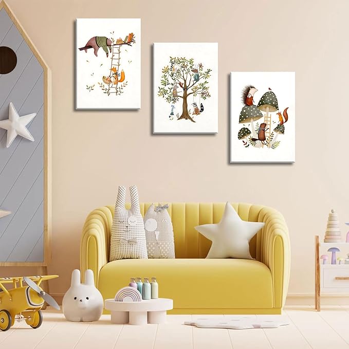 3Pcs Woodland Safari Animals Nursery Canvas Wall Art Baby Jungle Small Animal Wall Decor Pictures Tree Bear Rabbit Fox Hedgehog Kids Posters Prints for Classroom Children Bedroom Decoration