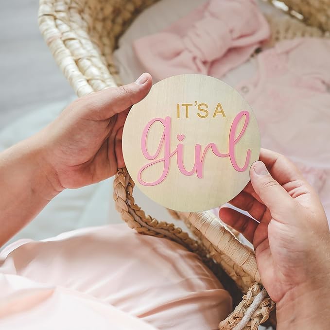 2Pcs Baby Announcement Sign Set, 5.9 Inch Hello World Newborn Sign and IT’S A Girl Welcome Signs, Baby Name Sign with Ink Pad for Hand & Footprints, 3D Wooden Birth Gifts for Hospital Shower Nursery