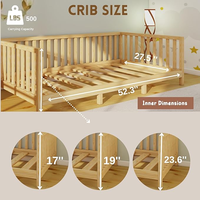 Montessori Floor Bed Designed with Open Front and Footed Model for Girls and Boys | Pine Wood Natural Solid Frame Beds with Slats | Sturdy Designed Floor Bed Frame for Kids (Crib, Height : 23 Inches)