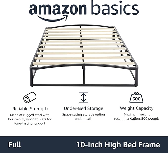 Amazon Basics Metal Platform Bed Frame, with Wood Slat Support, 10 inches High, Full, Black