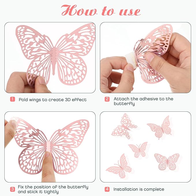 3D Pink Butterfly Wall Decor 3 Sizes 4 Styles Butterfly Party Decorations Cake Decorations Removable Stickers Wall Decor Room Mural Metallic Kids (Pink, 48Pcs)