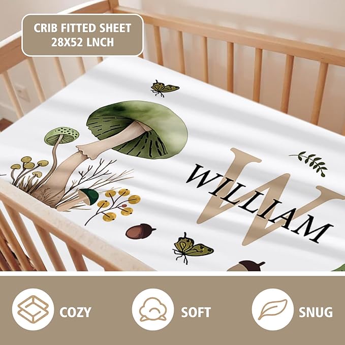 Personalized Crib Bedding Set for Boys Girls, Custom Baby Crib Sets with Name, Mushroom Design Nursery Bedding 2 Piece - Soft Blanket with Double Layer Dotted Backing, Crib Fitted Sheet