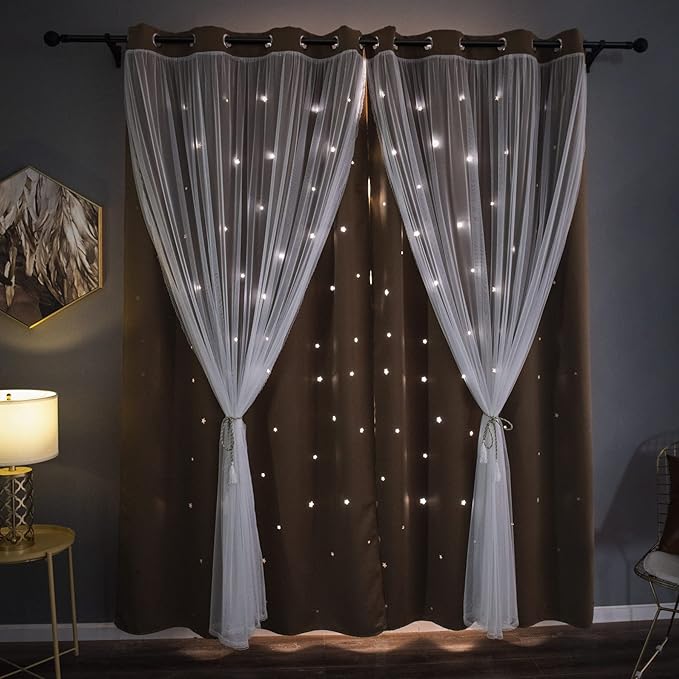 Kinryb Kids Blackout Curtains for Bedroom/Living Room/Classroom, Sheer Overlay Extra Long 2 Panel Set, Double Layer Curtains with Star Cutout for Kids Room(W 52 x L 108 Inches,Coffe 2 Pcs)