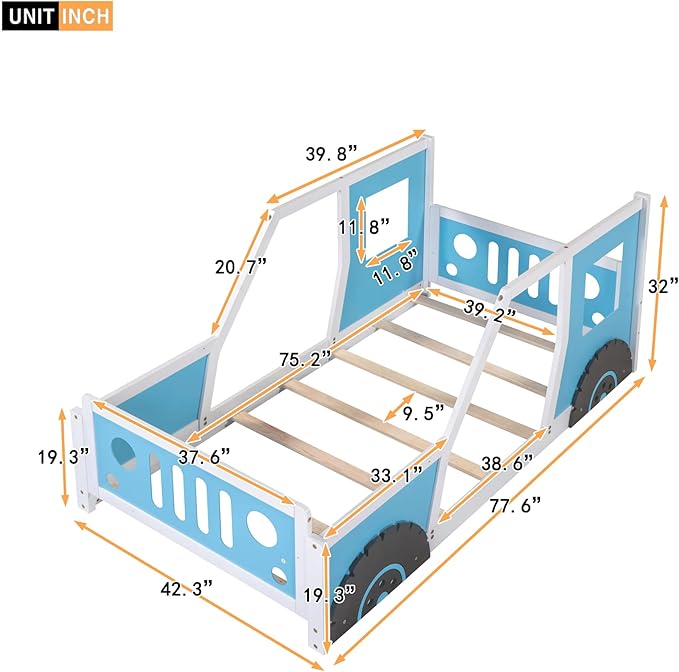 Bellemave Twin Car Bed Frame, Classic Car-Shaped Toddlers Bed with Wheels, Wooden Montessori Floor Bed for Kids (Blue & Black)