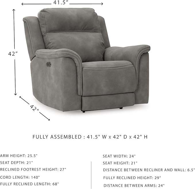 Signature Design by Ashley Contemporary Next-Gen DuraPella Power Recliner with Adjustable Headrest, One-Touch Control, Water Repellent Faux Leather, Gray