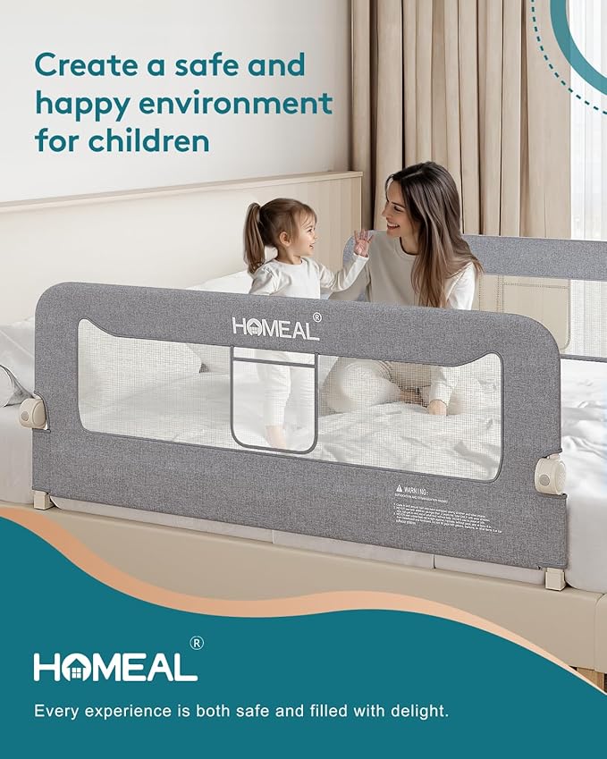 HOMEAL Bed Rail for Toddlers, 59in Swing Down Baby Bed Rail Guard, Toddler Bed Rails for King Size Beds, Twin, Full, Queen, Bed Guard Rail for Toddlers, Grey