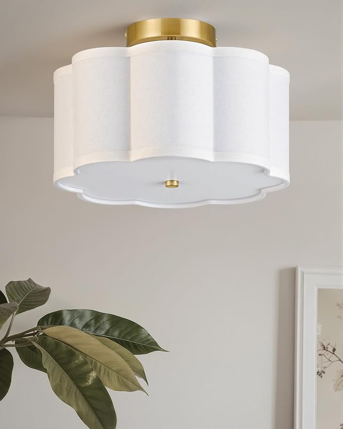 VONLUCE Semi Flush Mount Ceiling Light, 12.6" Ceiling Light Fixture with Flower-Shaped Fabric Shade, 3-Light Modern Light Fixture for Bedroom Living Room Nursery Hallway, White Shade & Gold Finish