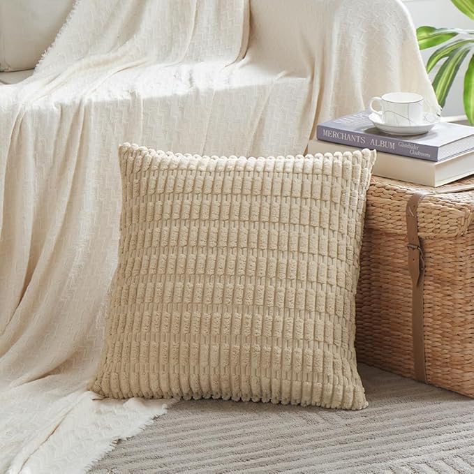 Fancy Homi 2 Packs Tan Decorative Throw Pillow Covers 26x26 Inch for Living Room Couch Bed Sofa, Rustic Farmhouse Boho Home Decor, Soft Striped Corduroy Beige Square Cushion Case 66x66 cm