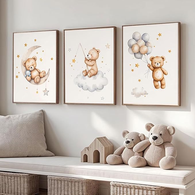 3Pcs Teddy Bear Nursery Wall Art Bear Sleeping on The Moon and Stars Wall Decor Pictures Balloon Cloud Neutral Canvas Poster Prints for Kids Baby Room Kindergarten Home Decoration 12x16in Unframed