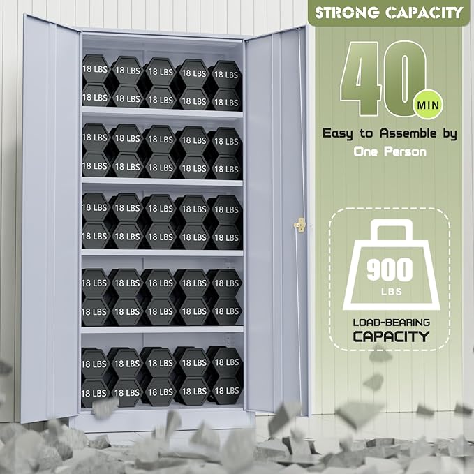 Crownland 72" Metal Storage Cabinet, Lockable Garage Storage Cabinets, High Office Cabinet with Adjustable Shelves for Garage, Home Office, Pantry, File(Cement Grey)