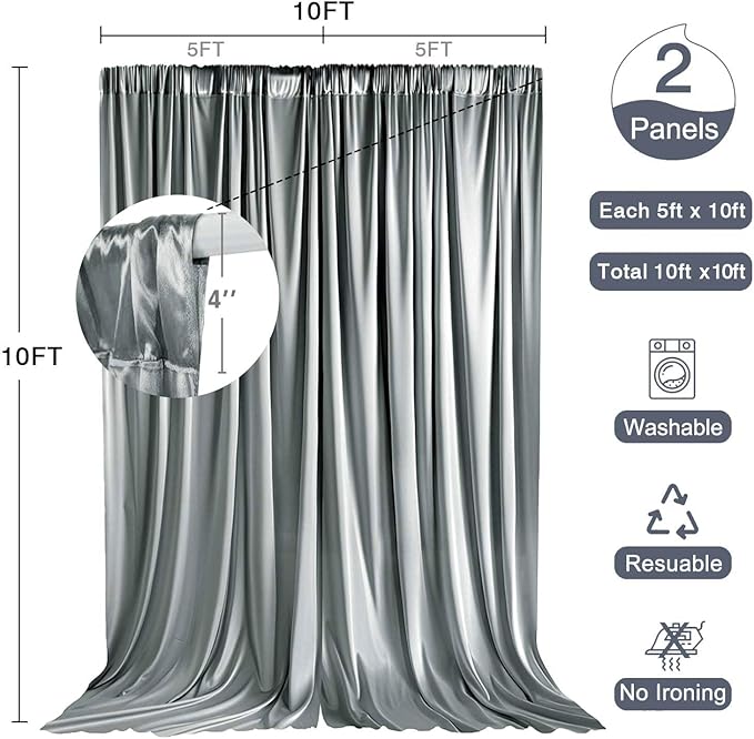 10x10ft Wedding Curtains Grey Wedding Backdrop for Ceremony Prom Stage Backdrop Satin Fabric Curtain Drapes Curtains Panels with Rod Pockets W5' x H10'2 Panels YUNBSDJ021