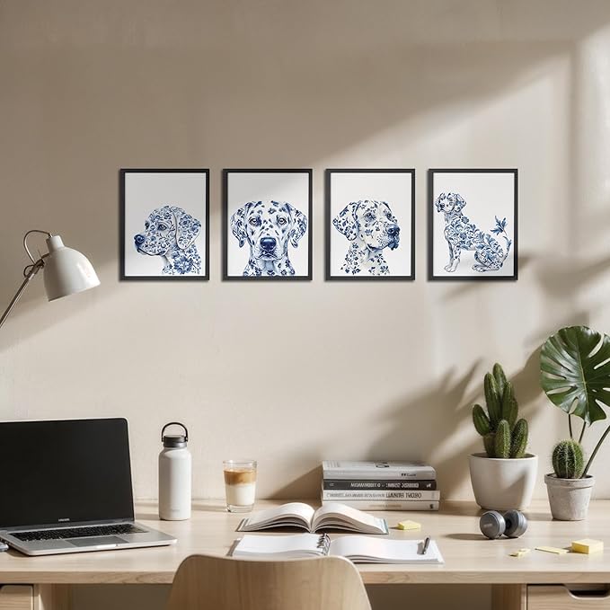 OFJE Chinoiserie Dalmatian Dog Wall Art Decor Prints Set of 4, Blue and White Grandmillenial Dog Wall Art Posters Decor for Home Bedroom Living Room, 8x10 Unframed