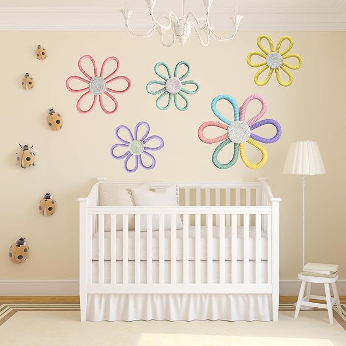 5 Pcs Boho Daisy Flower Wall Decor 3 Size Woven Floral Art Wall Hanging Supply for Boy Girl Multicolors Bohemian Home Bedroom Room Decorations