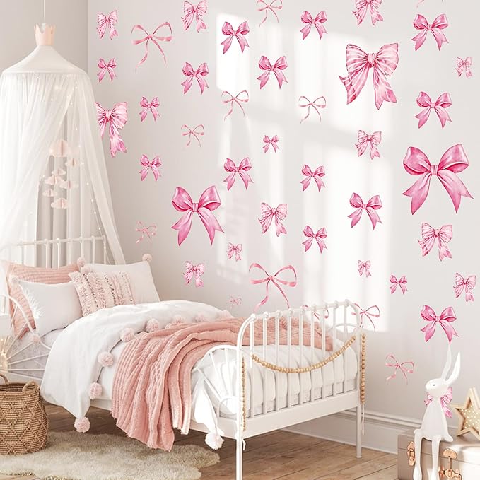 Pink Bow Wall Stickers, 8Sheets 46Pcs Bow Knot Wall Decals Watercolor Bow Wallpaper Peel and Stick for Nursery Kindergarten Girls Bedroom Coquette Room Décor