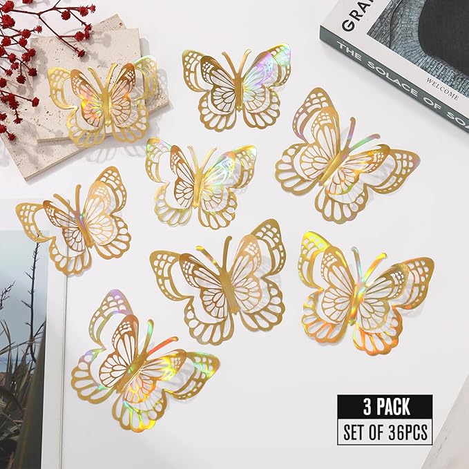 36PCS Butterfly Wall Decals - Gold Butterfly Stickers Mural Wall Decor Home Decor Kids Room Bedroom Decor Living Room Decor, Removable Reusable Stickers