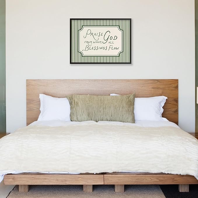 Christian Bible Verse Scripture Poster Praise God From Whom All Blessings Flow Wall Art 24x36 inch Black Framed Green Striped Religious Canvas Prints for Church Home Prayer Room Wall Decor
