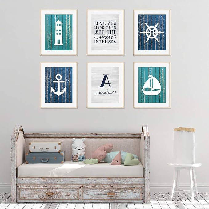Andaz Press Personalized Ocean Nautical Sailor Theme Nursery Kids Bedroom Hanging Wall Art Decor, 8.5x11-inch, Blue Aqua Rustic Wood, 6-Pack, Custom Name Unframed Poster