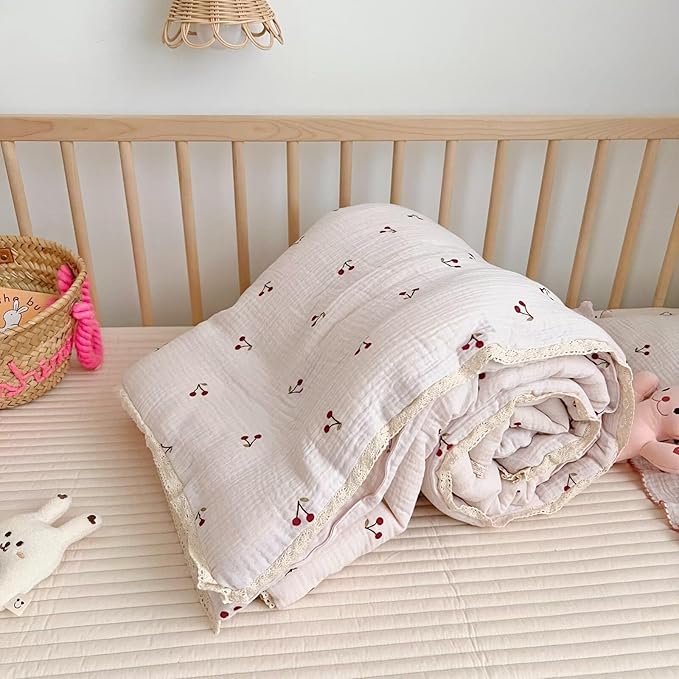 BuLuTu Kids Toddler Muslin Cotton Quilted Blanket 60x78 Inches, Cute Cherry Print Children Comforter for Toddler/Twin Bed, Soft Breathable Boys Girls Quilt, Machine Washable