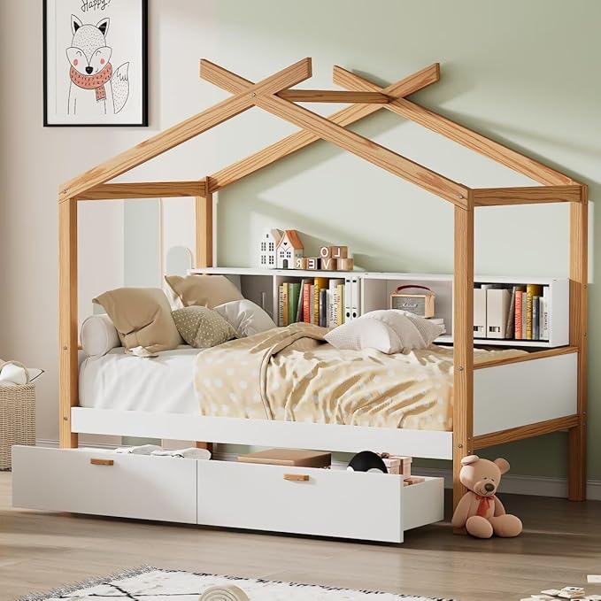 Twin Size Wooden House Bed with Two Drawers and Bookshelf Storage Space, Original Wood Colored Frame with Roof and Slats Support for Kids Teens Girls Boys Bedroom (White+Drawers, Twin)