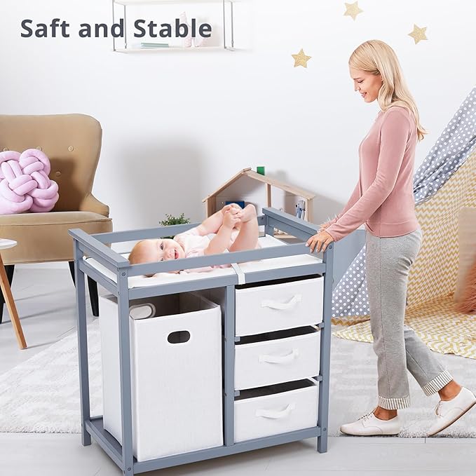 Wooden Baby Changing Table, Modern Diaper Changing Table, Infant Diaper Changing Station Dresser with Laundry Hamper, 3 Drawer Basket and Changing Pad