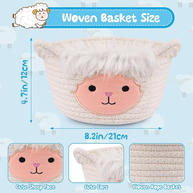 Small Storage Basket for Nursery, Sheep Woven Animal Gift Basket, Round Woven Rope Cotton Storage, Baby Blanket 0rganizer with Ears Handles, Blanket Towel Decor Storage Bins, 8.2"D x 4.7"H IN