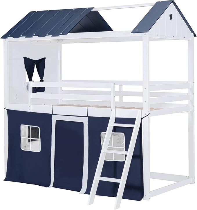 MERITLINE Twin Over Twin Princess Castle Bunk Bed with Tent,Ladders and Guardrail, Solid Wood Playhouse House Floor Bunk Bed with Windows and Roof (Blue & White)