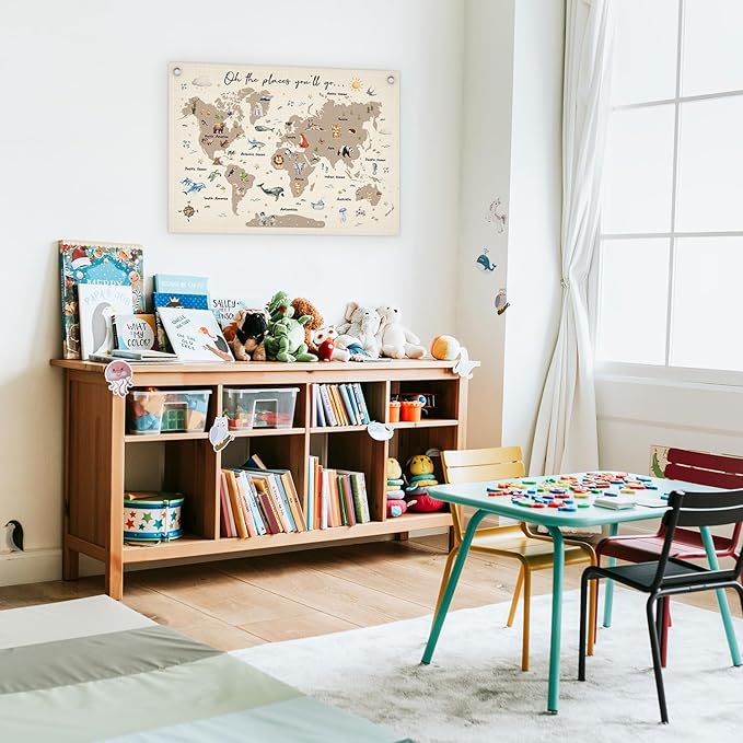 World Map Linen Banner, World Map Cute Animal Canvas Banner, Wall Hanging Banners Flags for Nursery Classroom Homeschool Playroom Bedroom -14