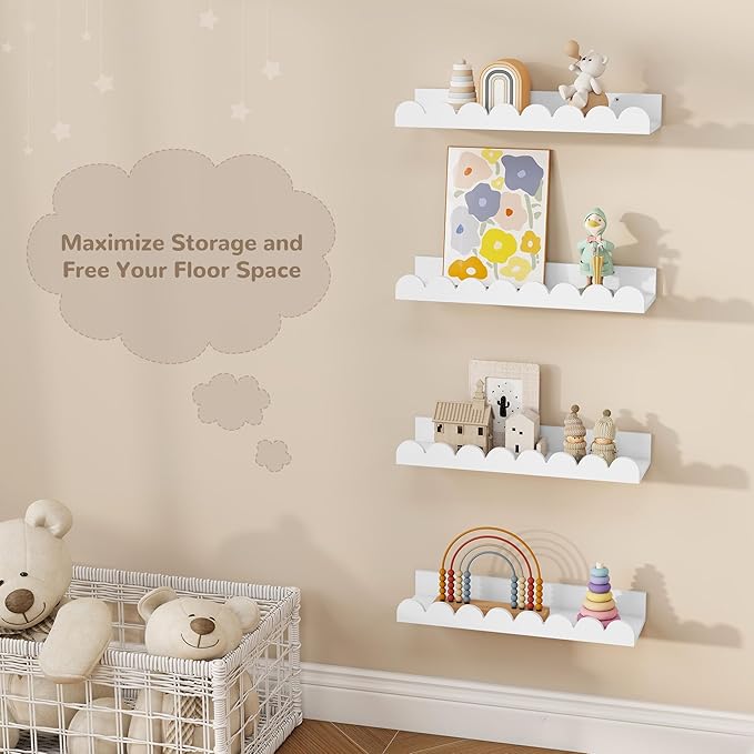 Fun Memories 16 Inch White Picture Ledge Shelf, Scalloped Nursery Book Shelves for Wall, Set of 4, Kids Room, Toddler Room Floating Shelves